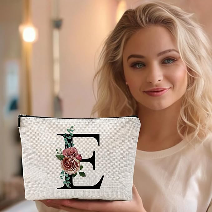 Comanro Initial A-Z Personalized Letter Makeup Bag, Monogrammed Bridesmaid Gifts/Presents Cosmetic Bag, Portable Stationery Storage Organizer Pouch, Friendship Love Travel Makeup Bags
