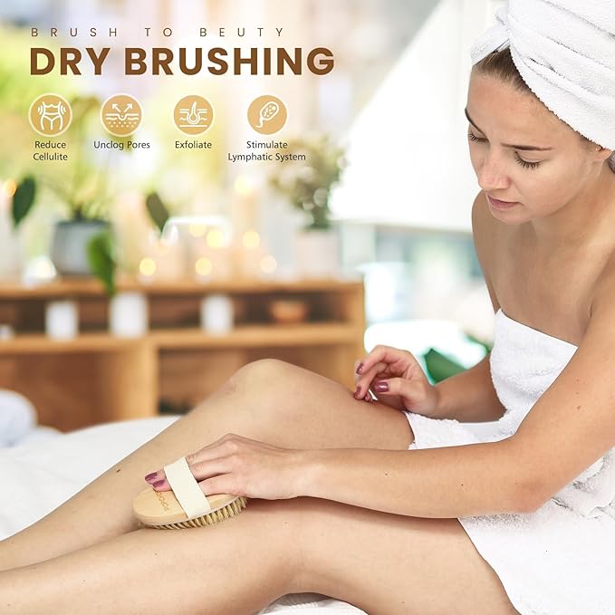 POPCHOSE Dry Brushing Body Brush, 2 Pack Boar Bristle Exfoliating Brush