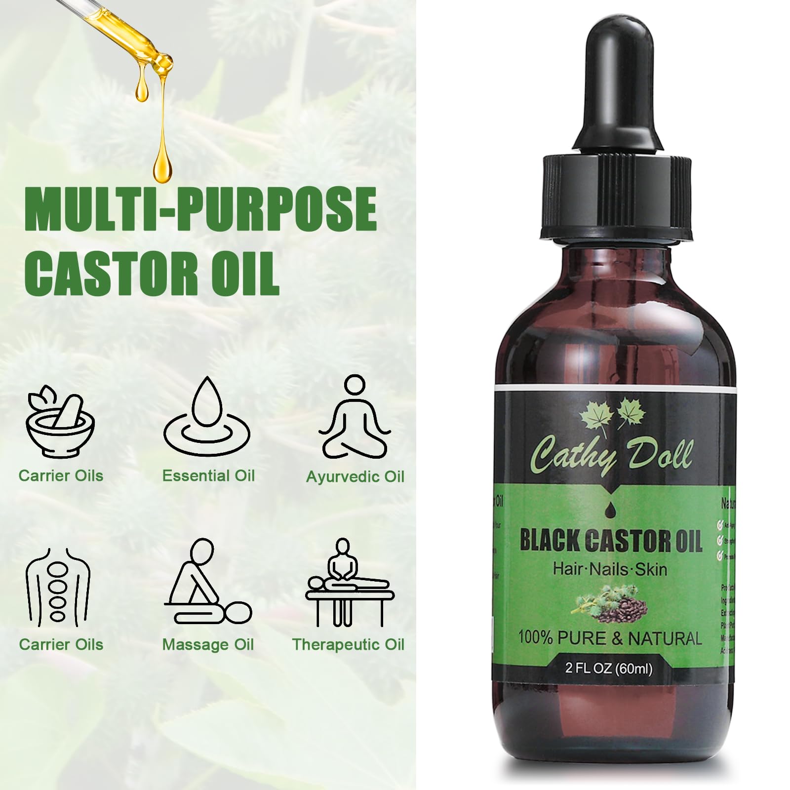 Cathy Doll Jamaican Black Castor Oil Organic Cold Pressed Castor Oil For Hair 100% Pure Natural Castor Oil For Eyelashes Eyebrows (2 oz)