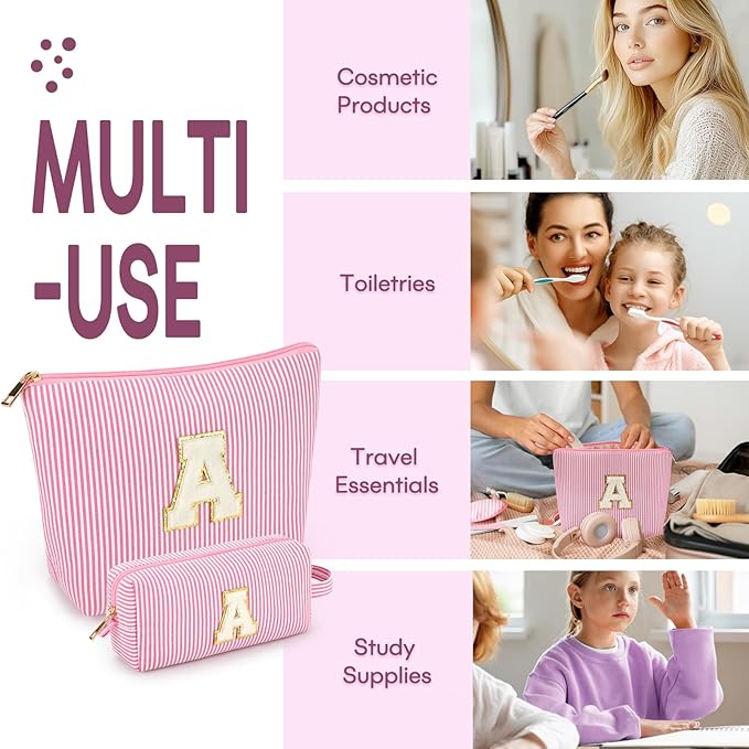mibasies 2 PCS Initial Makeup Bags for Women: Cosmetic Bag for Travel Toiletry - Birthday Gifts for 11 12 13 14 15 16 17 18 Years Old Girl Graduation - Teen Girl Gifts Trendy Stuff - Pink A