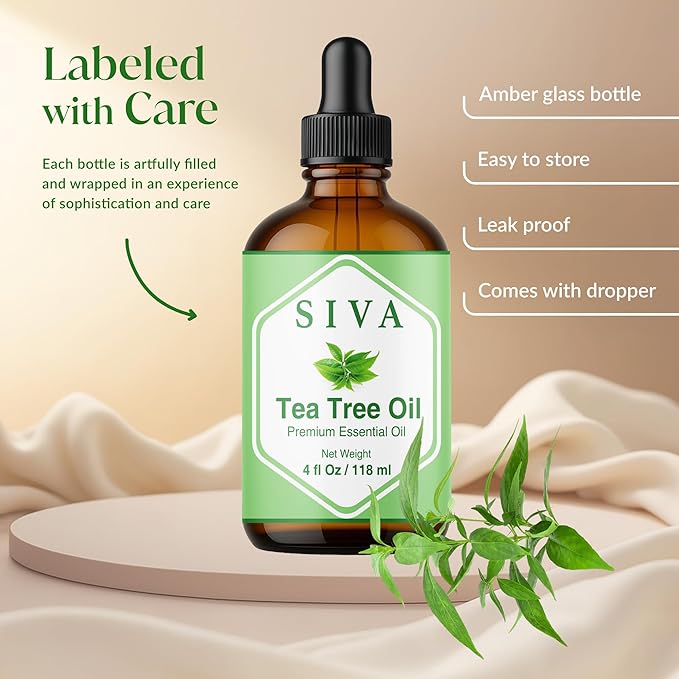 Siva Tea Tree Essential Oil 4 Fl Oz – for Diffuser, Skin & Hair Care – Ideal for Aroma, Massage & DIY Blends- with Dropper