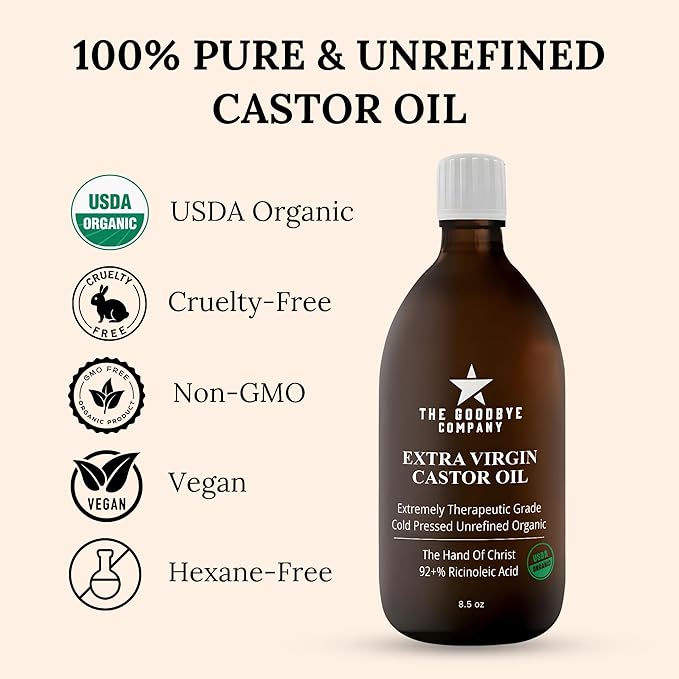 Goodbye Company USDA Organic Cold-Pressed Castor Oil, 8.5 oz Glass Bottle, Hexane-Free, Extra Virgin, Ethically Sourced, Pure Castor Oil for Hair, Skin, Lashes & Brows