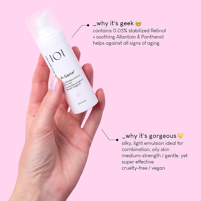 Geek & Gorgeous A-Game 5-0.05% Retinal Facial Serum - Lightweight Formula for Smoother, More Radiant-Looking Skin - 1 oz