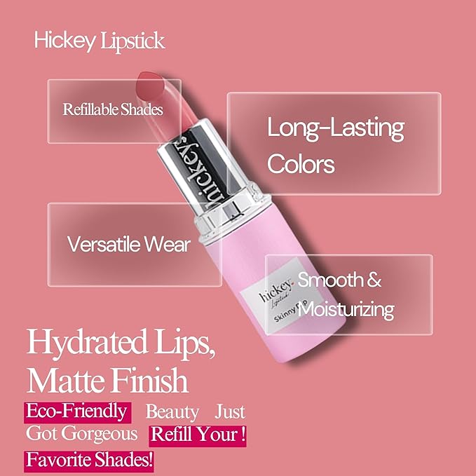 Hickey Lipstick Refill, Skinny Dip - Long Lasting Light Pink Lipstick - Hydrating Lip Color Infused with Nourishing Jojoba Oil for Women - Highly Pigmented, Vegan, Gluten-Free Formula