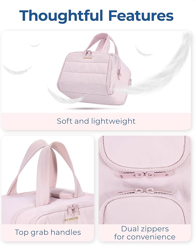 BAGSMART Travel Toiletry Bag, Crush Toiletry Bag for Women, Wide-open Puffy Toiletry Bags for Traveling, Large Travel Cosmetic Makeup Bag Organizer for Accessories,Toiletrie, Pink