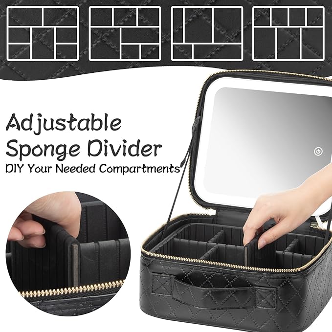 Extrei Gent Makeup Travel Train Case with Mirror LED Light 3 Adjustable Brightness Cosmetic Bag Portable Storage Adjustable Partition Waterproof Makeup Brushes Makeup Jewelry Gift for Women (Black-1)