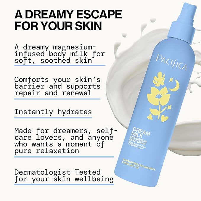 Pacifica Dream Milk Magnesium Spray for Sleep & Relaxation - Natural Magnesium Body Mist Infused with Lavender, Chamomile & Essential Oils, Vegan & Cruelty-Free, Clean Beauty, 8 fl oz