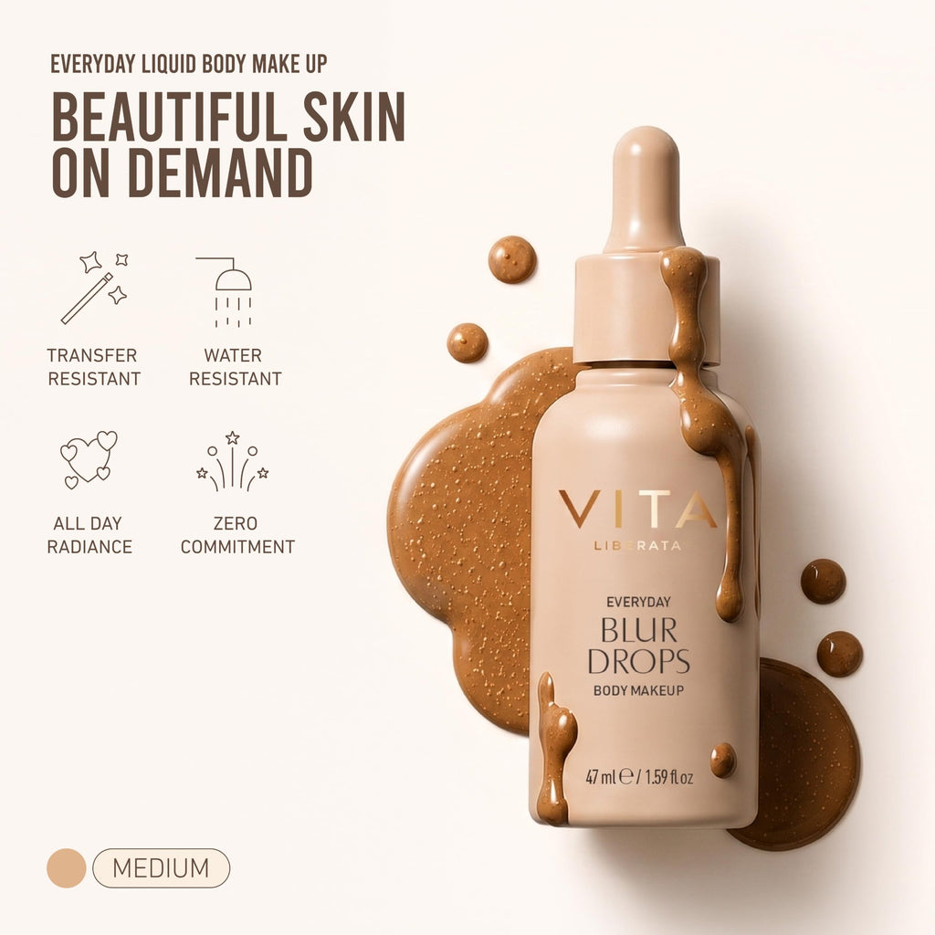 VITA LIBERATA Everyday Body Blur Drops Medium 1.59 Fl Oz, Body Makeup, Wash Off Tanning Drops, Water Resistant, Matte Satin Skin Finish