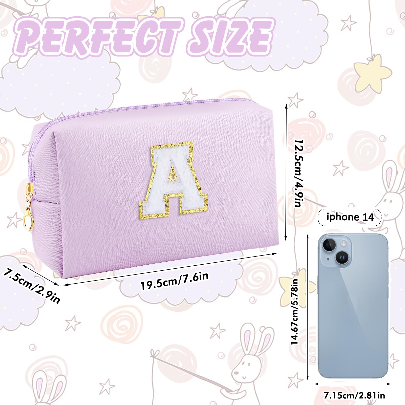 URSKYTOUS Gifts for Girls Initial Makeup Bag Personalized Cosmetic Bag with Zipper Cute Travel Toiletry Bag Waterproof PU Preppy Makeup Pouch Birthday Gift for Teen Girls Women(Purple A)