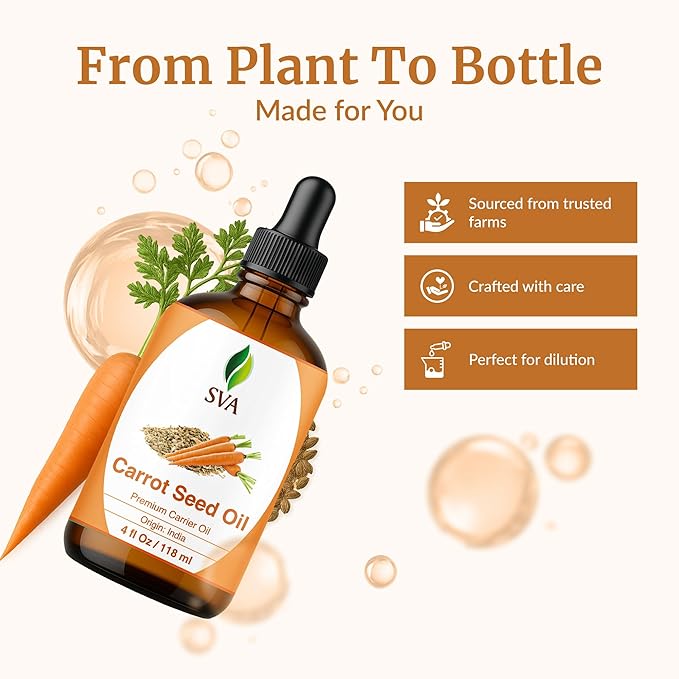 SVA Carrot Seed Oil - 4 Fl Oz - for Face, Skin Care, Hair Care, Scalp Massage & Body Massage – Carrier Oil with Dropper