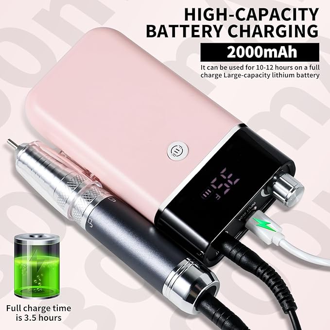 Moskany Professional Electric Nail Drill Kit Pink Portable Rechargeable Cordless Nail File Machine 35000 RPM with 7PCS Bits for Acrylic Gel Powder Nails Polish Pedicure Toenail Tool Salon Set
