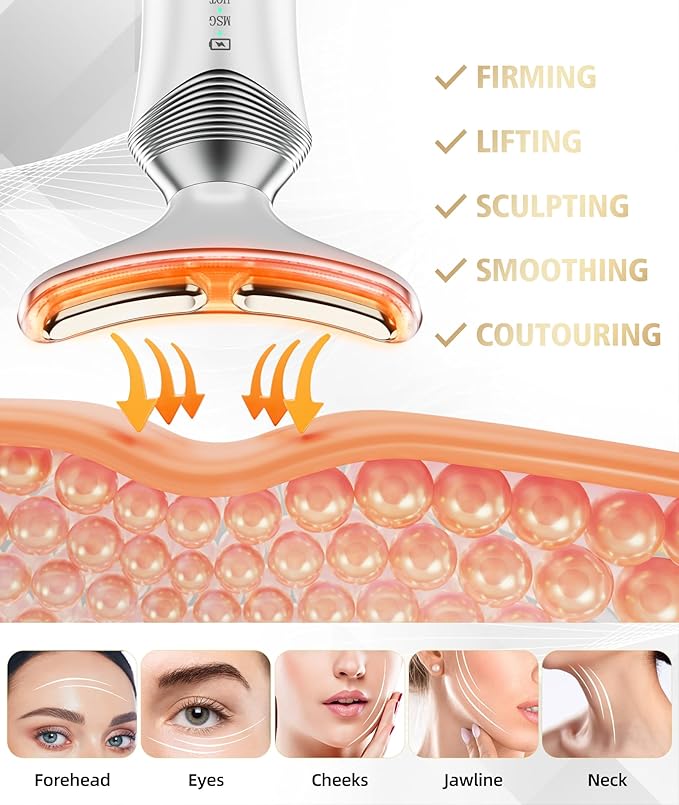 Dopsikn 9-in-1 Red-Light-Therapy-for-Face-and-Neck, Portable Facial Massager Tool with Adjustable Vibration & Thermals for Wrinkles, Double Chin, White
