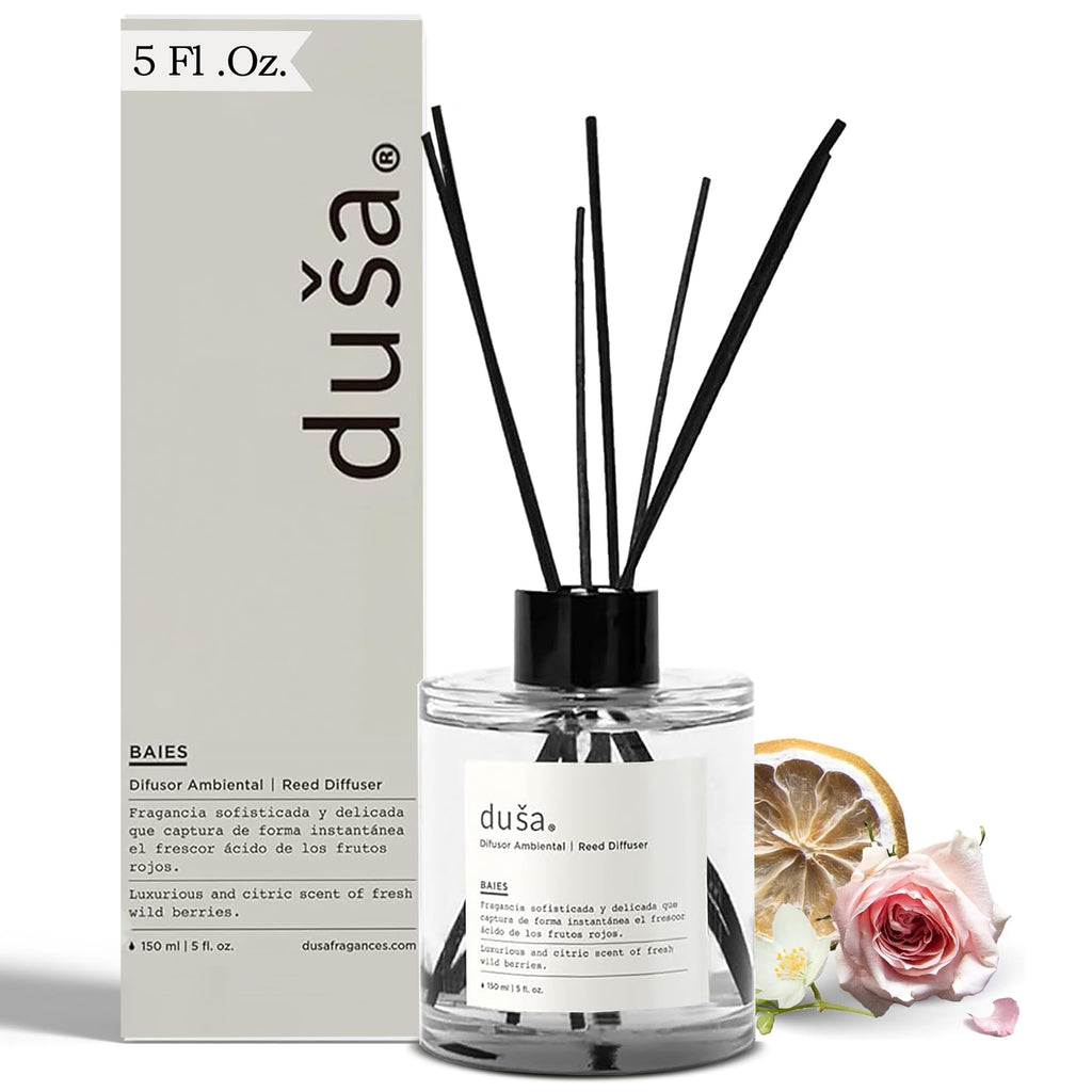 Duša Baies Scented Reed Diffuser & Sticks – 5 Fl Oz Essential Home Fragrance for Bathroom, Office & Living Spaces –Stylish & Long-Lasting Room Air Freshener –Ideal for Housewarming & Special Occasions