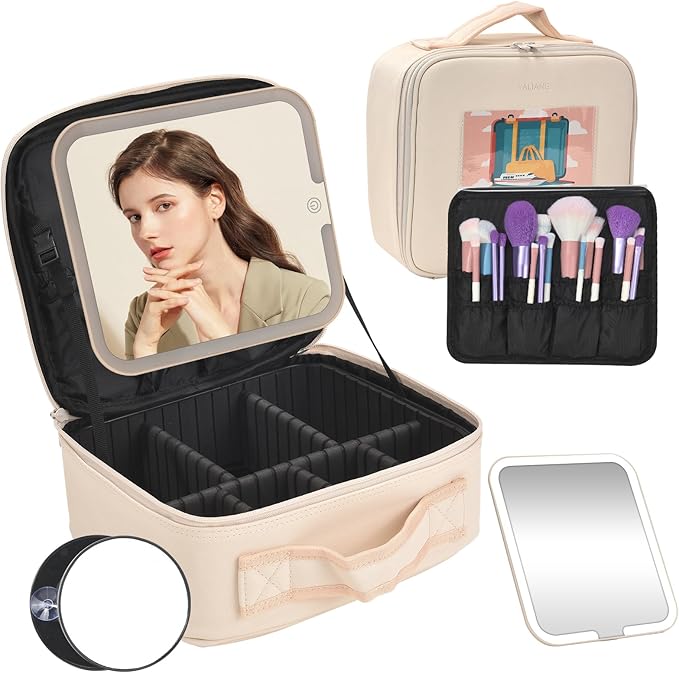 Yaliang Travel Makeup Bag, Portable Makeup Case with LED Mirror, Removable Mirror with 3 Color Modes, 8 Adjustable EVA Dividers for Brushes Toiletry Jewelry Digital Accessories, Off White