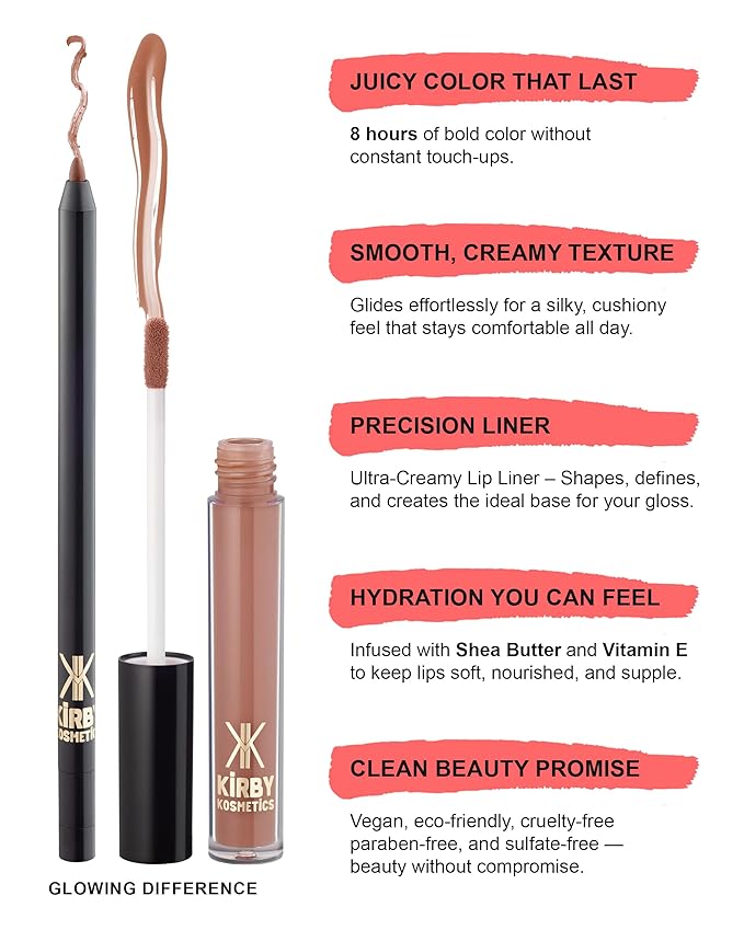 Kirby Kosmetics Lip Kit Duo – Glowing Different - TikTok-Viral Precision Liner & Glossy Liquid Lipstick, Clean 2-Step Set with Hydrating Long-Wear Color – Bold Inclusive Beauty for Everyday Konfidence