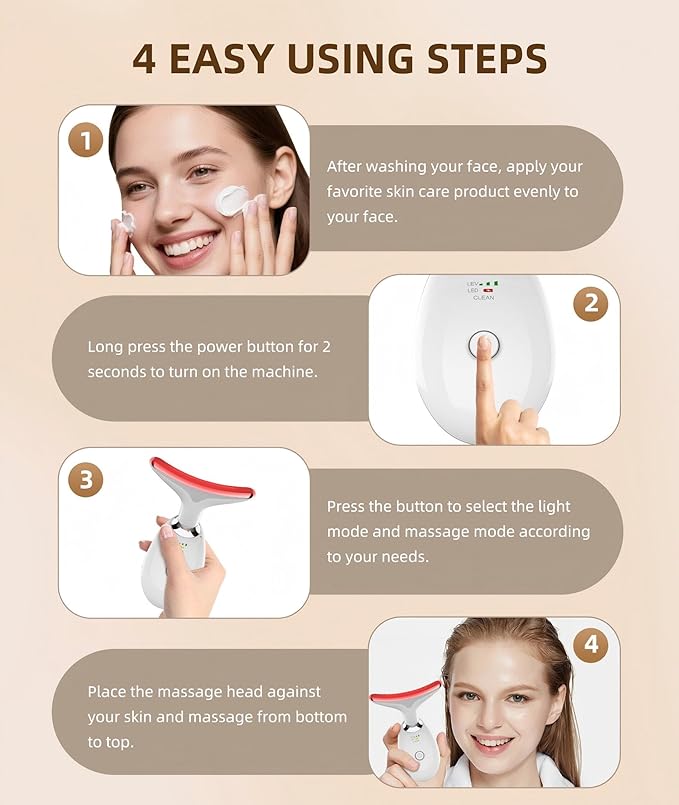 Jobazok 7 Color Face and Neck Massager Light Therapy, Red Light Based Facial Massager for Skin Care, Smoothing, Firming (White)