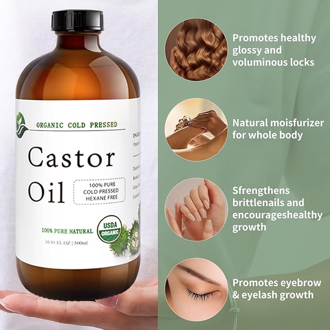 MAYLINK Castor Oil Organic Cold Pressed Unrefined Glass Bottle-Organic Certified 100% Pure Castor Oil,Hexane Free,Organic Castor Oil for Face,Hair Growth,Eyelashes,Caster 16.91fl.oz/500ml