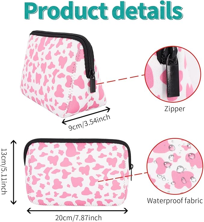 AJLTPA Waterproof Neoprene Cosmetic Bag, Pink Cow Print