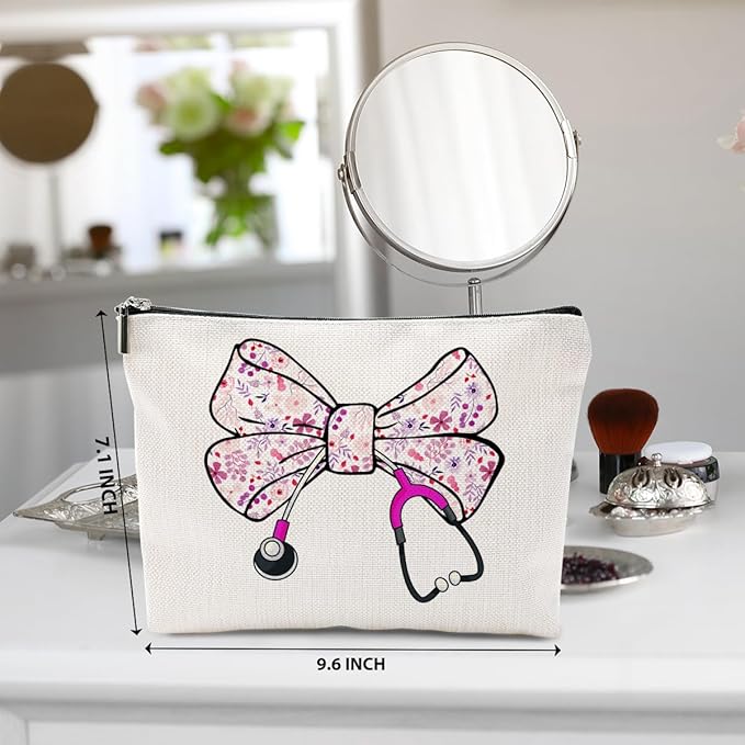BQXH Nurse Gifts, Pink Bow Makeup Bag, Nurse Accessories Funny Cosmetic Bag