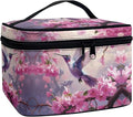 Drydeepin Hummingbird and Pink Flowers Print Travel Makeup Bags for Women Portable Tote Cosmetic Case with Carry Handle Toiletry Accessories Storage Organizer Bags