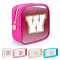 Mini Clear Personalized Initial Makeup Bag, Small Preppy A-Z Chenille Letter Patch Cosmetic Pouch, Transparent PVC & Nylon Waterproof Zip Beach Toiletry Bag,Gift for Women Girls(Hot Pink-White W)