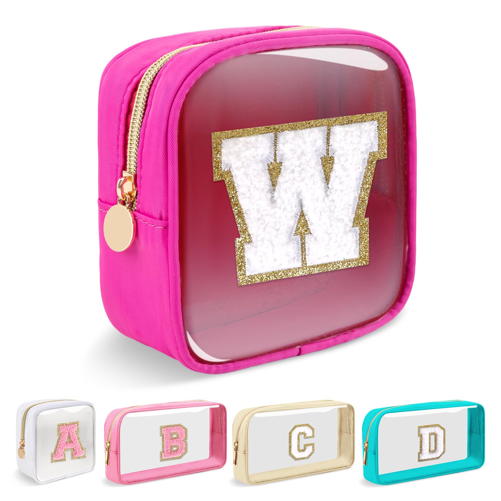 Mini Clear Personalized Initial Makeup Bag, Small Preppy A-Z Chenille Letter Patch Cosmetic Pouch, Transparent PVC & Nylon Waterproof Zip Beach Toiletry Bag,Gift for Women Girls(Hot Pink-White W)