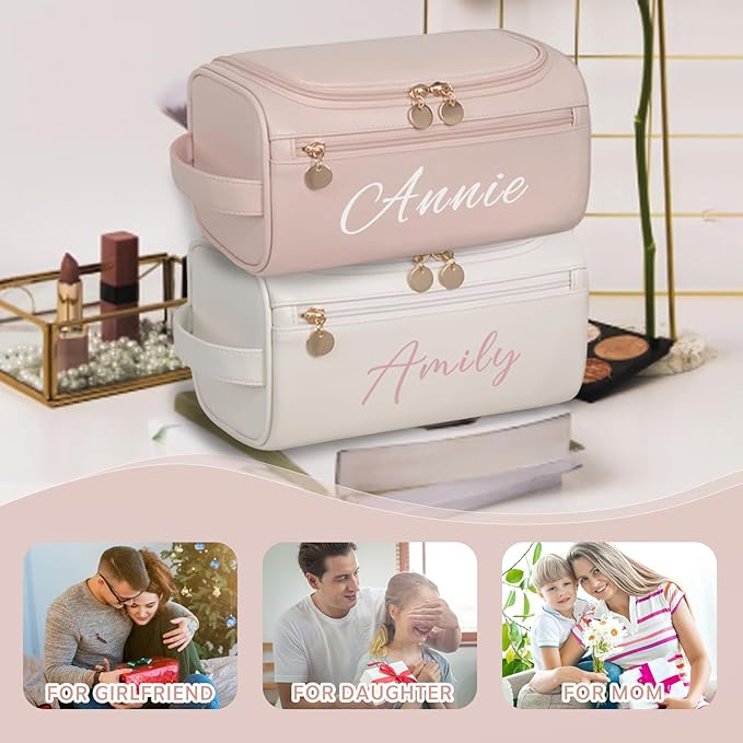 Dazurea Personalized Makeup Bag for Women, Printed Initials Name Cosmetic Bag with Handle, Customized PU Leather Travel Toiletry Bag for Girls, Gifts for Bridesmaid, Daughter, Wife, Mothers Day