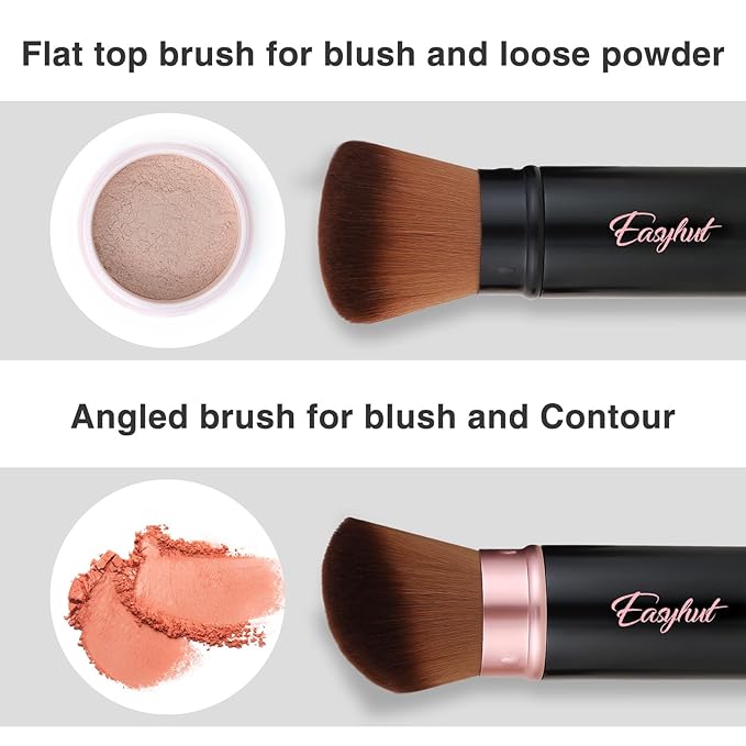 Easyhut Retractable Kabuki Makeup Brushes 2 Pcs Blush Brushes Set Portable Powder Brushes with Flat and Angled Top for Liquid Cream Girls Cosmetics Travel, Large/1.18inch, Rose Gold