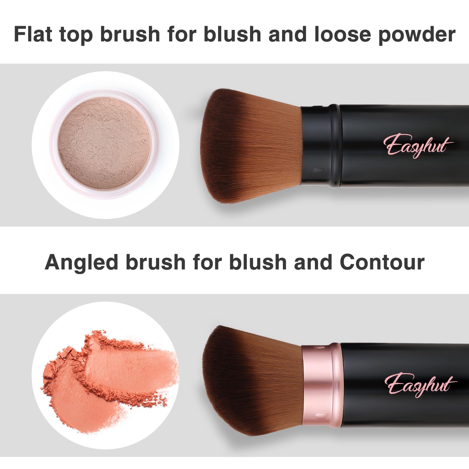Easyhut Retractable Kabuki Makeup Brushes 2 Pcs Blush Brushes Set Portable Powder Brushes with Flat and Angled Top for Liquid Cream Girls Cosmetics Travel, Large/1.18inch, Rose Gold