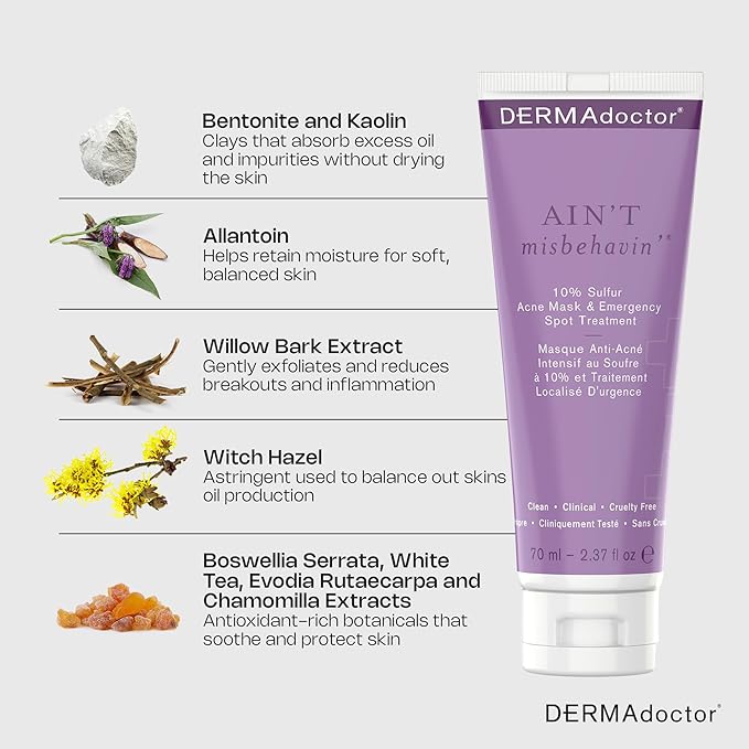 DERMAdoctor Ain’t Misbehavin’ 10% Sulfur Acne Mask, Oil-Absorbing Facial Treatment, 2.3 fl oz