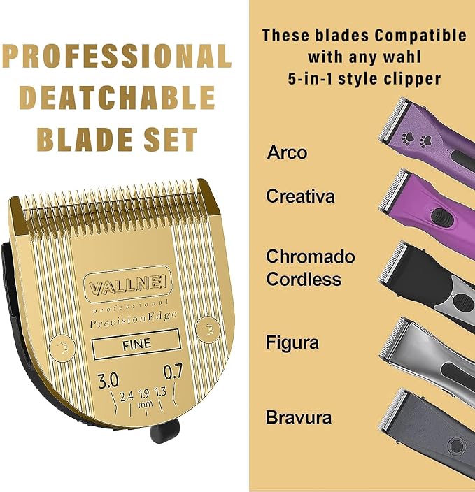 VALLNEI [2 Pack] 5-in-1 Replacement Clipper Blade, Detachable & Adjustable Dog Grooming Blade Compatible with Wahl Arco, Bravura, Chromado, Creativa, Figura, Motion & SuperGroom (Gold)
