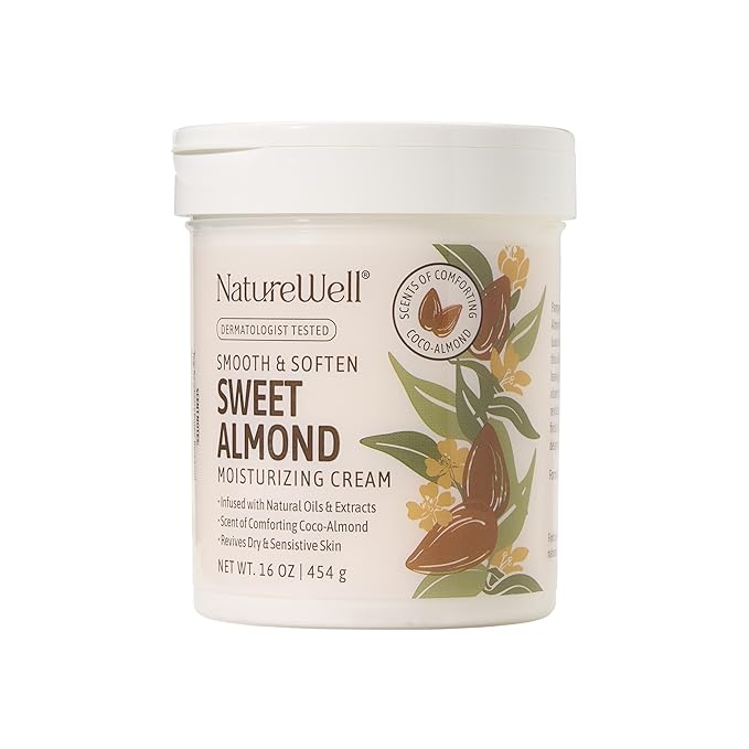 NATURE WELL Sweet Almond Body Cream, Moisturizing Cream for Dry & Sensitive Skin, Hydrating Body Moisturizer with Natural Oils & Extracts, Coco-Almond Scent, Dermatologist Tested, 16 Oz