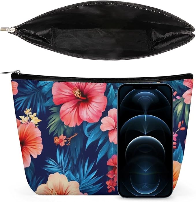 Meaudiwes Travel Cosmetic Bag, Large Makeup Case, Toiletry Bag, Personality Fashion Zipper Cosmetic Case Tropical Hawaiian Colorful Hibiscus Flowers