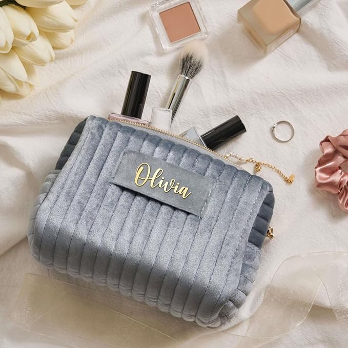 Snirov Personalized Makeup Bag, Velvet Custom Name Travel Makeup Bag with Zipper for Women Teen Girls Birthday Gifts Mothers Day Gifts for Mom