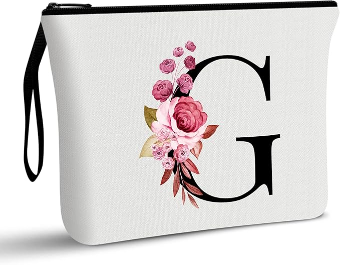 Vavabox A-Z Personalized Makeup Bag, Birthday Gifts for Women Mom, Gifts for Best Friend, Bride Bridesmaid Cosmetic bag (G, 01-White)