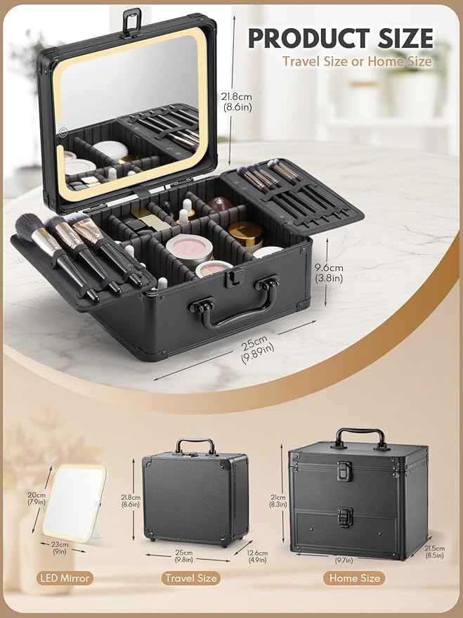 OMIRO Makeup Case, Travel Makeup Bag with Light Up Mirror Set, Makeup Organizer Box with Magnet Travel Makeup Mirror for Women (Black)