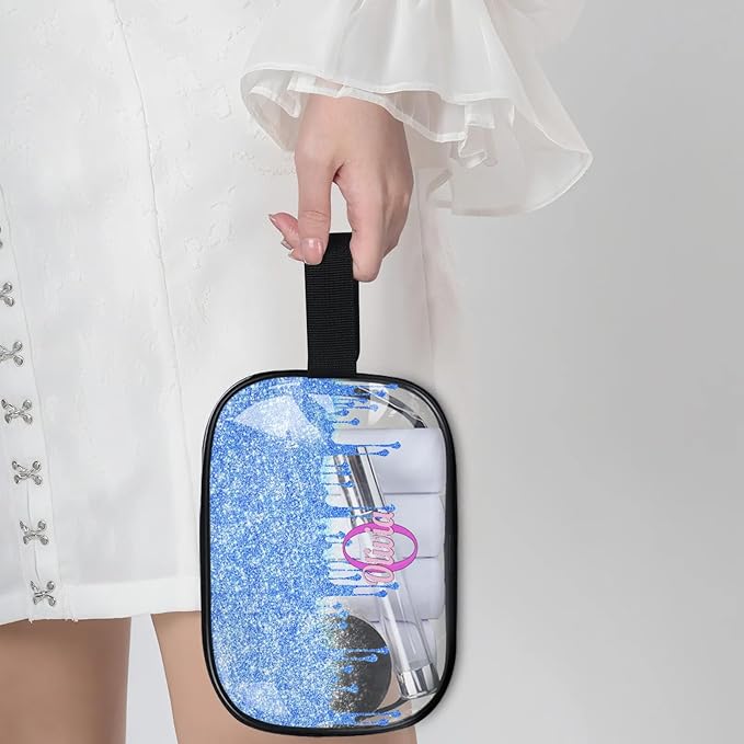 KFNHN Personalized Travel Transparent Cosmetic Bag Waterproof Makeup Bags, Custom Name Light Sky Blue Curtain Glittering Romantic Organizer Case Clear Toiletries Container Bag