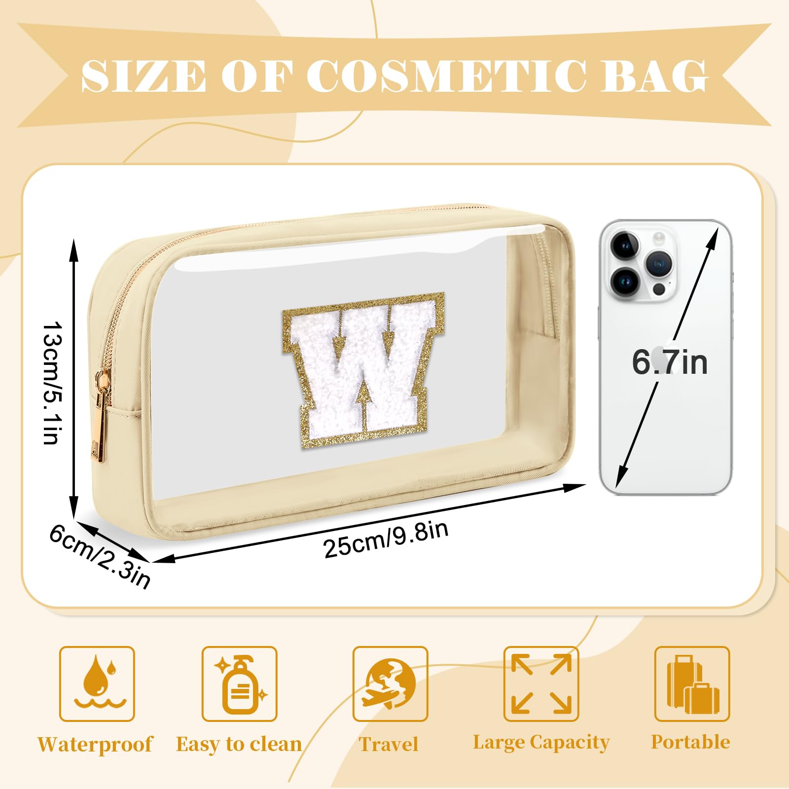 Personalized Initial Letter Clear Makeup Bag,Preppy Small Nylon&PVC Cosmetic Zipper Bag with Chenille Letter,Portable Beach Travel Skincare Toiletry Bag,Trendy Monogram Gift for Teen Girls Women,W