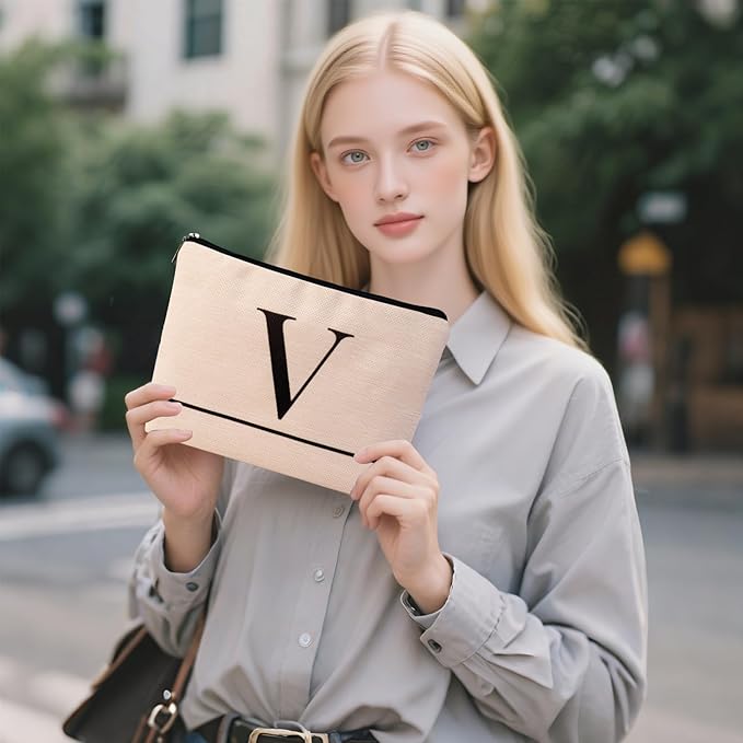 HDYHDY Letter A-Z Initial Personalized Makeup Bags, Birthday Gifts for Women, Monogrammed Gifts for Women Mom Sister Best Friend Bride Bridesmaid, Mothers Day, Christmas, Small Travel Cosmetic Bag (V)