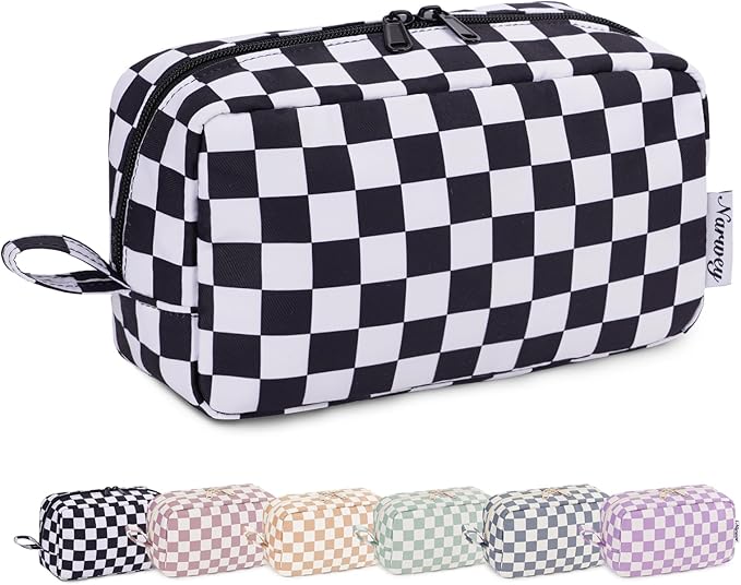 Narwey Checkered Makeup Bag, Travel Cosmetic Bag Organizer, Toiletry Bag Make Up Bags with Organized Pockets for Women (Black Checkerboard, Large)