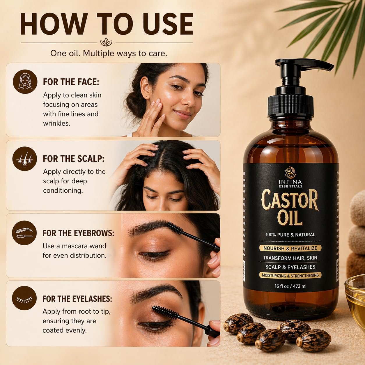 Pure Cold Pressed Castor Oil, Hexane Free Glass Bottle Unrefined, 16 fl oz