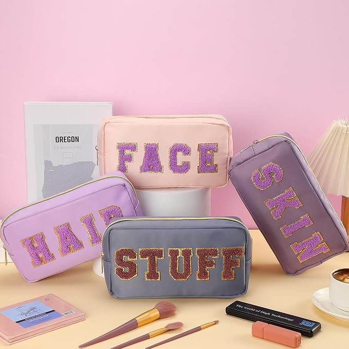 Cunno Preppy Makeup Bags Chenille Letter Stuff Bag Nylon Cosmetic Pouch Cases with Zipper for Women Travel Toiletry(Purple Set,Classic,4 Pcs)
