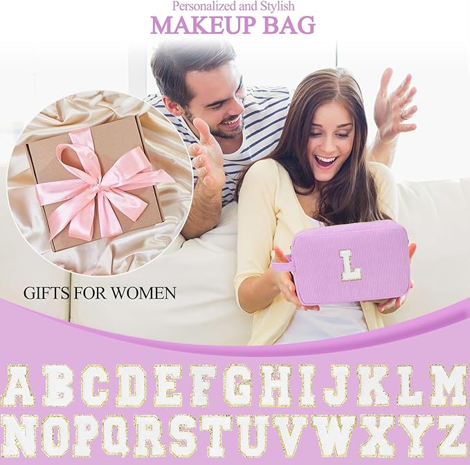 Sernaxi Personalized Initial Makeup Bag Trendy Stuff Corduroy Cosmetic Bag Travel Toiletry Bag, Valentine’s Day Gift Makeup Organizer Case & Makeup Pouch for Women teen Girls Mom Girlfriend Wife
