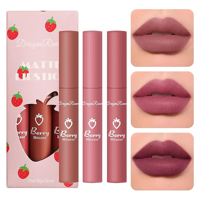 3Pcs Matte Lipstick Set, Dark Velvet Red Color Nude Lip Stain Long Lasting