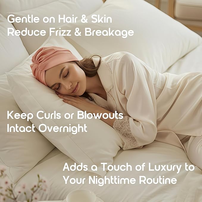SYSERAN 100% Mulberry Silk Bonnet for Sleeping - Women Natural Curly Hair Night Cap Luxury Sleep Head Wrap with Elastic Band(Rose Gold)
