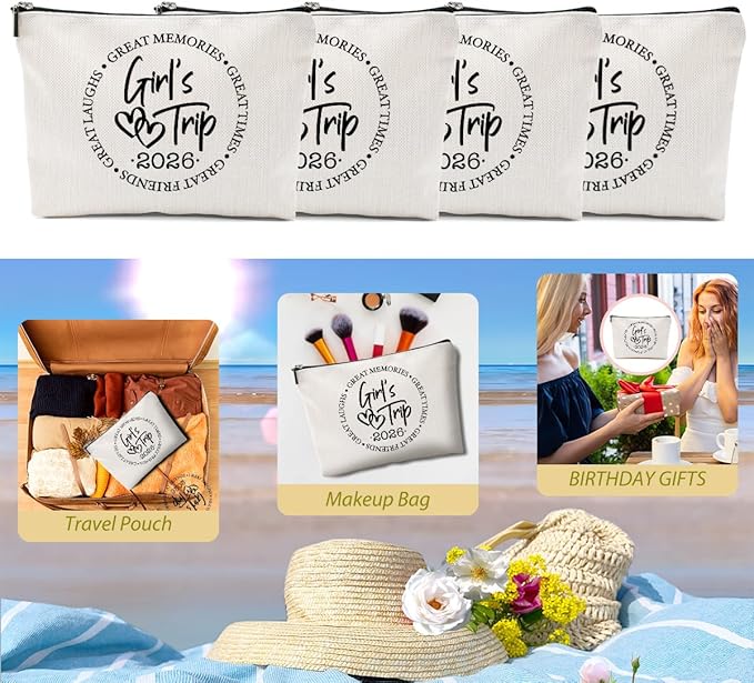 BQXH 4 Pcs Girls Trip Gifts Favors, Girls Weekend Gifts Makeup Bag, Bestie Weekend Bag Toiletry Bag with Liner, Vacation Cosmetic Bag, Friendship Gift for Women Friend Daughter, Graduation Gift