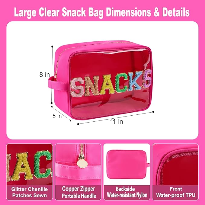 YogoRun Snack Bags Clear Makeup Bag Large Suncreen Bag Travel Toiletry Bag Chenille Glitter Nylon Cosmetic Pouch (XL, Hot Pink-Snacks)