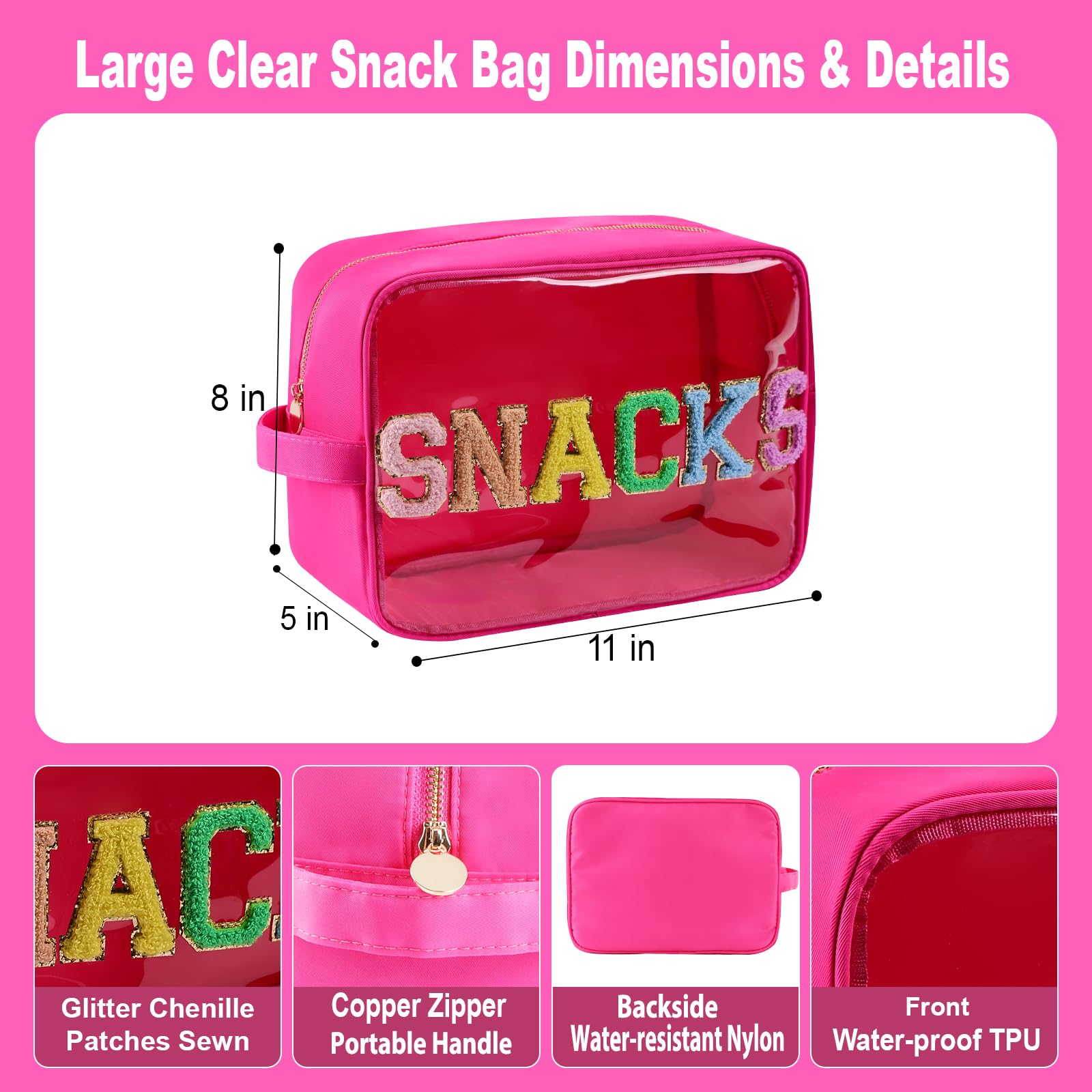 YogoRun Snack Bags Clear Makeup Bag Large Suncreen Bag Travel Toiletry Bag Chenille Glitter Nylon Cosmetic Pouch (XL, Hot Pink-Snacks)