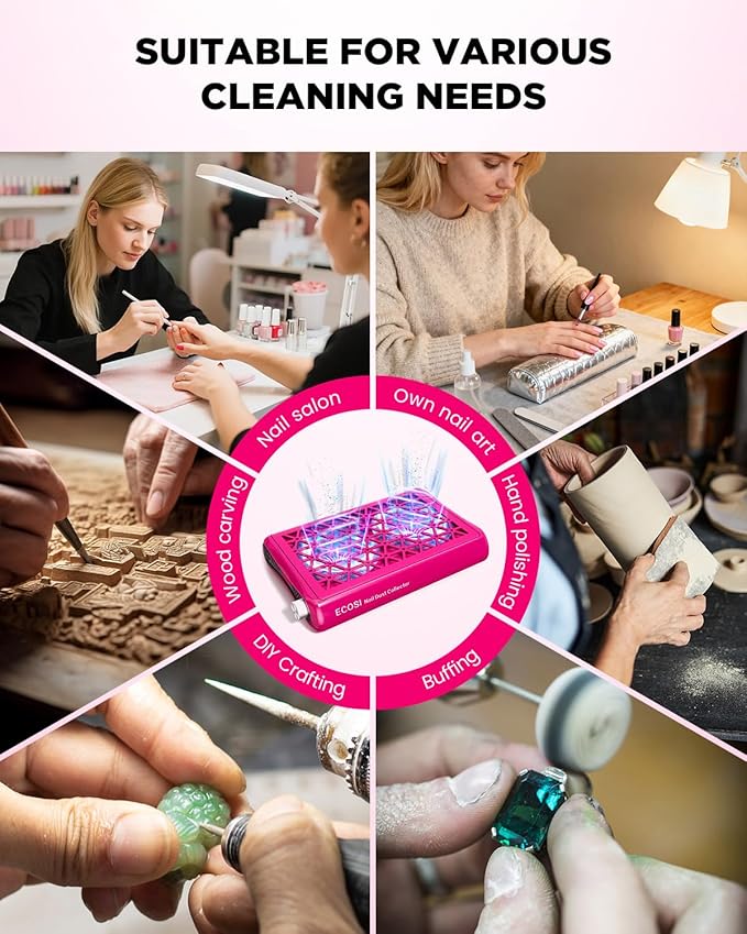 ECOSI Nail Dust Collector, 8000RPM & 1600PA Dual Turbo Professional Vacuum Fan Dust Extractor with 30 Pcs Filter Papers, Stepless Adjustable Suction for Manicure, Salon Nail Tech & Home