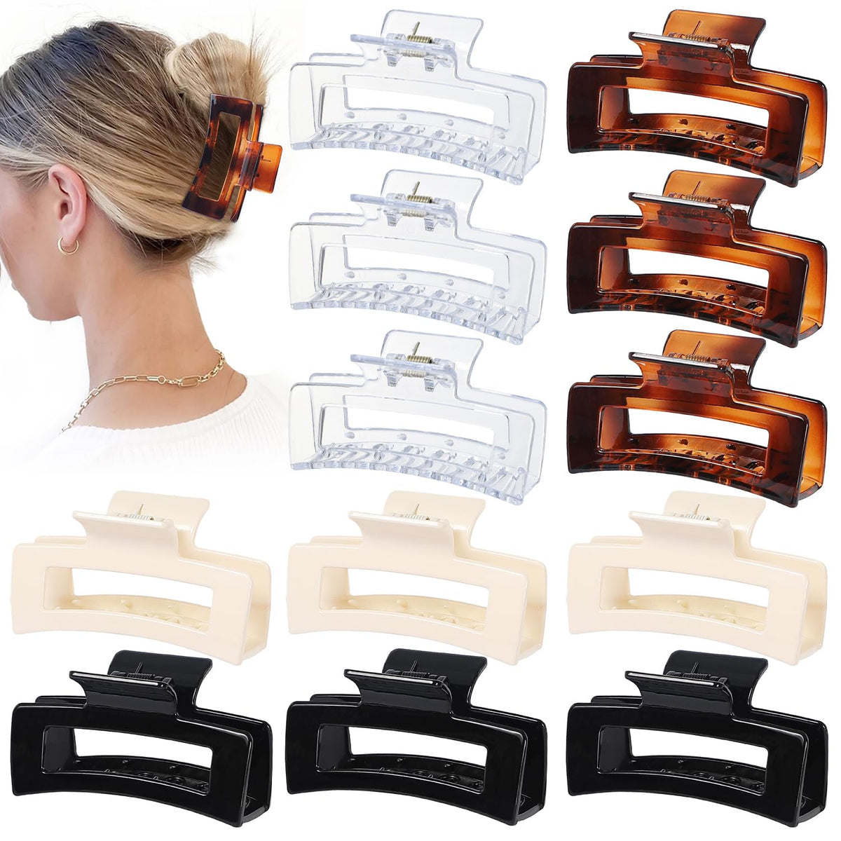 Sisiaipu 3.5 Inch Hair Clips - 12 Pcs Square Jaw Clips for Thick and Thin Hair, Rectangular Hair Accessories for Women and Girls - Neutral